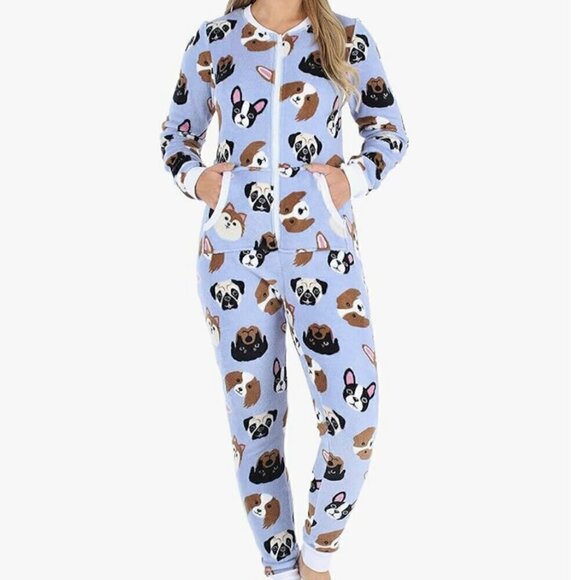 Frankie & Johnny Women’s Plush Non-Footed Onesie Pajamas Periwinkle Dogs Medium - Picture 1 of 8
